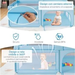 COSTWAY Box Per Bambini, Recinto Per Neonati, Centro Attività Stabile E Atossico, Box Per Interno Ed Esterno Con Palline (Blu) -Cameretta Per Bambini 67875631 5