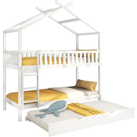 Letto A Castello, Letto Per Bambino Con Estraibile Letto, Tre Letti, In Legno Massello Con Recinzione, 90x200 Cm, Grigio 4 Letto A Castello, Letto Per Bambino Con Estraibile Letto, Tre Letti, In Legno Massello Con Recinzione, 90x200 Cm, Grigio - immagine 2