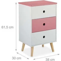 Relaxdays Comodino Per La Cameretta Dei Bambini, Scaffale A 3 Cassetti, HLP 61,5x38x30 Cm, MDF, Legno Pino, Bianco Rosa -Cameretta Per Bambini 69659769 4