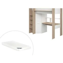 Letto A Soppalco Con Scrivania E Armadio 90 X 200 Cm Bianco E Naturale + Materasso - AUCKLAND