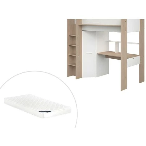 Letto A Soppalco Con Scrivania E Armadio 90 X 200 Cm Bianco E Naturale + Materasso - AUCKLAND 3 Letto A Soppalco Con Scrivania E Armadio 90 X 200 Cm Bianco E Naturale + Materasso - AUCKLAND