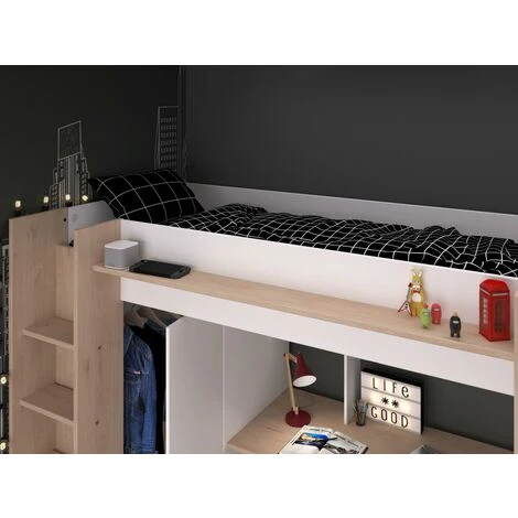 Letto A Soppalco Con Scrivania E Armadio 90 X 200 Cm Bianco E Naturale + Materasso - AUCKLAND 5 Letto A Soppalco Con Scrivania E Armadio 90 X 200 Cm Bianco E Naturale + Materasso - AUCKLAND - immagine 3