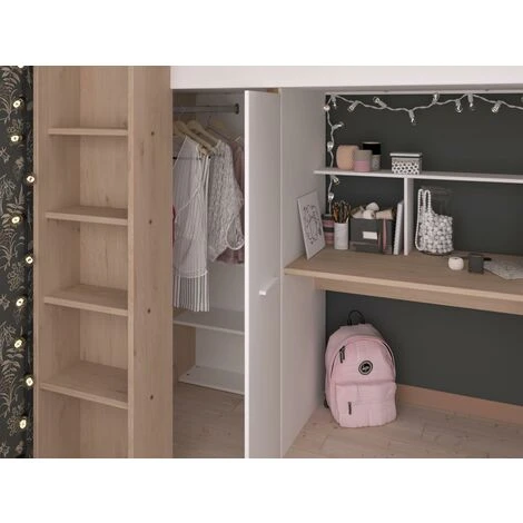 Letto A Soppalco Con Scrivania E Armadio 90 X 200 Cm Bianco E Naturale + Materasso - AUCKLAND 7 Letto A Soppalco Con Scrivania E Armadio 90 X 200 Cm Bianco E Naturale + Materasso - AUCKLAND - immagine 5