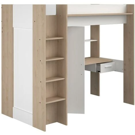 Letto A Soppalco Con Scrivania E Armadio 90 X 200 Cm Bianco E Naturale - AUCKLAND 5 Letto A Soppalco Con Scrivania E Armadio 90 X 200 Cm Bianco E Naturale - AUCKLAND - immagine 3