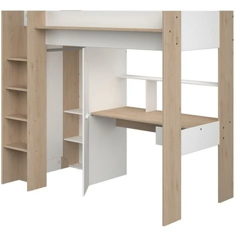 Letto A Soppalco Con Scrivania E Armadio 90 X 200 Cm Bianco E Naturale - AUCKLAND 7 Letto A Soppalco Con Scrivania E Armadio 90 X 200 Cm Bianco E Naturale - AUCKLAND - immagine 5