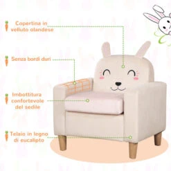 HOMCOM Poltroncina Per Bambini Con Design A Coniglio E Gambe In Legno, 53x47x54.5cm, Crema -Cameretta Per Bambini 70299187 4