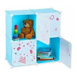 Relaxdays Scaffale Porta-Giocattoli Per Bambini, Motivi Orsetti 4 Scomparti Componibile, DIY, HLP 75 X 75 X 36,5 Cm, Blu, PP, ABS, Metallo, 75 X 109,5 X 36,5 Cm