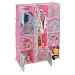 Relaxdays Scaffale Componibile Da Cameretta, 2 Aste Appendiabiti, Disegni Animali, HxLxP: 145x110x37 Cm, Incastro, Rosa, 80% Plastica 20% Ferro, 1 Pz