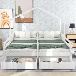 Letto Per Bambini 90x200cm/90x200cm, Casa Letto Per 2 Bambini Con Letto Matrimoniale Diviso, 2 Cassetti Su Rotelle, Protezione Anticaduta E Rete A Doghe In Legno Di Pino, Due Letti Singoli Letti Per R -Cameretta Per Bambini 71126885 2