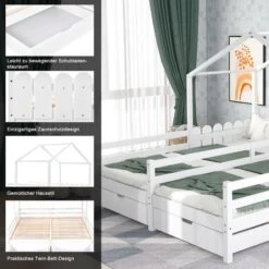 Letto Per Bambini 90x200cm/90x200cm, Casa Letto Per 2 Bambini Con Letto Matrimoniale Diviso, 2 Cassetti Su Rotelle, Protezione Anticaduta E Rete A Doghe In Legno Di Pino, Due Letti Singoli Letti Per R -Cameretta Per Bambini 71126885 3