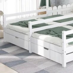 Letto Per Bambini 90x200cm/90x200cm, Casa Letto Per 2 Bambini Con Letto Matrimoniale Diviso, 2 Cassetti Su Rotelle, Protezione Anticaduta E Rete A Doghe In Legno Di Pino, Due Letti Singoli Letti Per R -Cameretta Per Bambini 71126885 4
