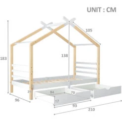 Letto Per Bambini In Legno Letto Capanna Con 2 Cassetti 90x200 Cm Bianco+Colore In Legno -Cameretta Per Bambini 71496546 3