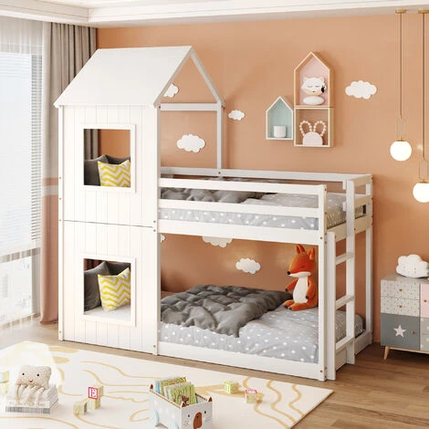 Letto A Castello Per Bambini 90x200cm Con Scaletta E Tetto Legno Di Pino - Bianco 3 Letto A Castello Per Bambini 90x200cm Con Scaletta E Tetto Legno Di Pino - Bianco