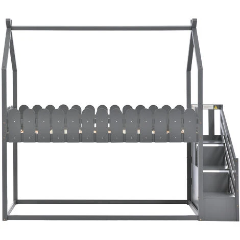 Letto Capanna Per Bambini 90 X 200 Cm Con 3 Gradini E 2 Cassetti, Pino Naturale - Grigio 4 Letto Capanna Per Bambini 90 X 200 Cm Con 3 Gradini E 2 Cassetti, Pino Naturale - Grigio - immagine 2