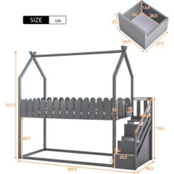 Letto Capanna Per Bambini 90 X 200 Cm Con 3 Gradini E 2 Cassetti, Pino Naturale - Grigio 9 Letto Capanna Per Bambini 90 X 200 Cm Con 3 Gradini E 2 Cassetti, Pino Naturale - Grigio -Cameretta Per Bambini 71497517 3