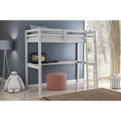 Letto A Soppalco Con Scrivania Nizza In Pino Massello Bianco Laccato, 90x190x176 Cm -Cameretta Per Bambini 72004542 2