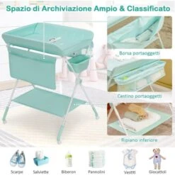COSTWAY Fasciatoio Pieghevole Per Neonati, Tavolo Cambio Pannolini Multifunzionale Portatile Con 3 Altezze Regolabili, Ruote E Vaschetta Per L'acqua, 77 X 67 X 99-104 Cm (Azzurro) -Cameretta Per Bambini 72168803 3