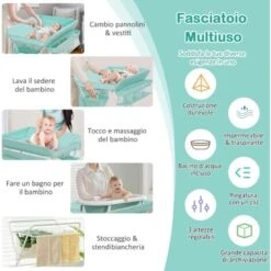 COSTWAY Fasciatoio Pieghevole Per Neonati, Tavolo Cambio Pannolini Multifunzionale Portatile Con 3 Altezze Regolabili, Ruote E Vaschetta Per L'acqua, 77 X 67 X 99-104 Cm (Azzurro) -Cameretta Per Bambini 72168803 4