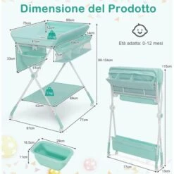 COSTWAY Fasciatoio Pieghevole Per Neonati, Tavolo Cambio Pannolini Multifunzionale Portatile Con 3 Altezze Regolabili, Ruote E Vaschetta Per L'acqua, 77 X 67 X 99-104 Cm (Azzurro) -Cameretta Per Bambini 72168803 5