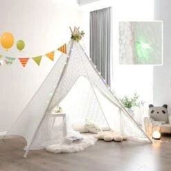 COSTWAY Tenda Teepee Per Bambini Con Fili Luminosi Colorati, Tettuccio A 5 Lati, Tenda Indiana Per Interni E Esterni, Tenda Da Gioco Per Picnic E Spiaggia, 120 X 120 X 140 Cm, Bianco