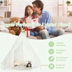 COSTWAY Tenda Teepee Per Bambini Con Fili Luminosi Colorati, Tettuccio A 5 Lati, Tenda Indiana Per Interni E Esterni, Tenda Da Gioco Per Picnic E Spiaggia, 120 X 120 X 140 Cm, Bianco -Cameretta Per Bambini 72524882 3