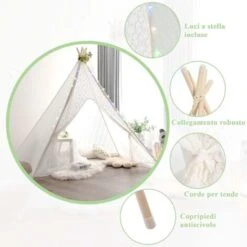 COSTWAY Tenda Teepee Per Bambini Con Fili Luminosi Colorati, Tettuccio A 5 Lati, Tenda Indiana Per Interni E Esterni, Tenda Da Gioco Per Picnic E Spiaggia, 120 X 120 X 140 Cm, Bianco -Cameretta Per Bambini 72524882 4