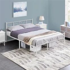 Yaheetech Letto Matrimoniale In Ferro Battuto Con Doghe Struttura Letto In Metallo 143 X 197 Cm Stile Rustico Moderno Bianco -Cameretta Per Bambini 75170656 2