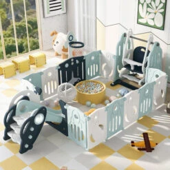 Box Per Bambini Pieghevole Con Altalena, Scivolo E Canestro Da Basket Per Bambini 6 Mesi-6 Anni 160x200x63 Cm - Blu