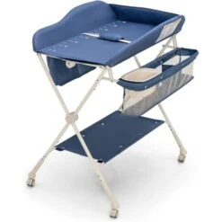 COSTWAY Fasciatoio Pieghevole Con Ruote, Regolabile In Altezza, Fasciatoio Portatile Con Cintura Di Sicurezza E Piccolo Bacinella, 2 Portaoggetti Borsa E Ripiano, Fasciatoio Neonato 0-6 Mesi (Blu)