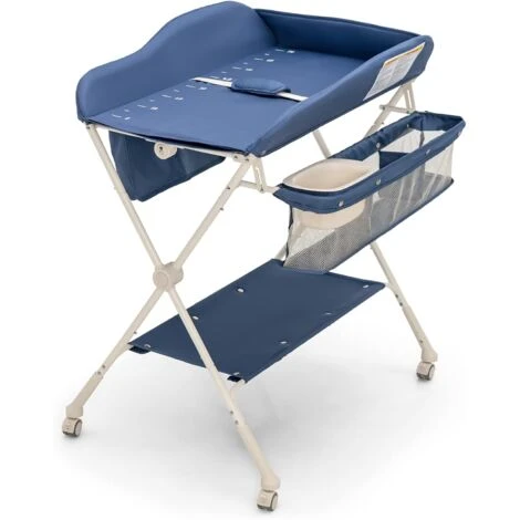 COSTWAY Fasciatoio Pieghevole Con Ruote, Regolabile In Altezza, Fasciatoio Portatile Con Cintura Di Sicurezza E Piccolo Bacinella, 2 Portaoggetti Borsa E Ripiano, Fasciatoio Neonato 0-6 Mesi (Blu) 3 COSTWAY Fasciatoio Pieghevole Con Ruote, Regolabile In Altezza, Fasciatoio Portatile Con Cintura Di Sicurezza E Piccolo Bacinella, 2 Portaoggetti Borsa E Ripiano, Fasciatoio Neonato 0-6 Mesi (Blu)