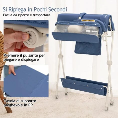 COSTWAY Fasciatoio Pieghevole Con Ruote, Regolabile In Altezza, Fasciatoio Portatile Con Cintura Di Sicurezza E Piccolo Bacinella, 2 Portaoggetti Borsa E Ripiano, Fasciatoio Neonato 0-6 Mesi (Blu) 6 COSTWAY Fasciatoio Pieghevole Con Ruote, Regolabile In Altezza, Fasciatoio Portatile Con Cintura Di Sicurezza E Piccolo Bacinella, 2 Portaoggetti Borsa E Ripiano, Fasciatoio Neonato 0-6 Mesi (Blu) - immagine 4