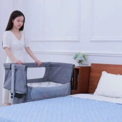 2 In 1 Culla Neonato Da Comodino, Culla Da Comodino, Lettino Da Gioco, Con 4 Ruote, Regolabile In Altezza, 93x57x71-88cm Grigio -Cameretta Per Bambini 76374890 3