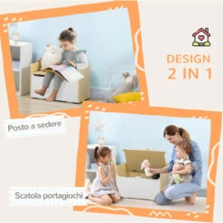 HOMCOM Panca Contenitore Portagiochi Per Bambini In Legno, 62.5x34x61.5cm, Bianco -Cameretta Per Bambini 77066496 4