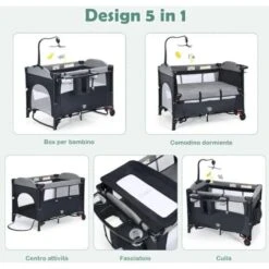 COSTWAY Culla Da Campeggio 5 In 1, Co-Sleeping AItezze Regolabili, Lettino Da Campeggio Con Fasciatoio, Box Bambini Pieghevole E Ingresso Laterale, Giocattolo Appeso, Ruote E Freni (Nero) -Cameretta Per Bambini 77786600 3
