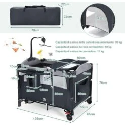 COSTWAY Culla Da Campeggio 5 In 1, Co-Sleeping AItezze Regolabili, Lettino Da Campeggio Con Fasciatoio, Box Bambini Pieghevole E Ingresso Laterale, Giocattolo Appeso, Ruote E Freni (Nero) -Cameretta Per Bambini 77786600 5