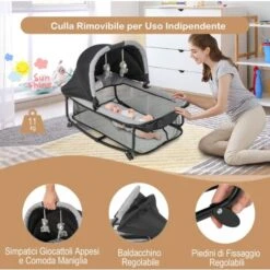 COSTWAY Lettino Neonato Box Bambini Con Culla E Fasciatoio, Lettino Da Campeggio Pieghevole Con Materassino, Ruote, Baldacchino Giocattoli Pendenti, Fino A 15 Kg (Grigio-Nero) -Cameretta Per Bambini 77786608 3