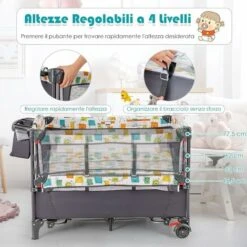 COSTWAY Culla Da Campeggio 5 In 1, Co-Sleeping AItezze Regolabili, Lettino Da Campeggio Con Fasciatoio, Box Bambini Pieghevole E Ingresso Laterale, Giocattolo Appeso, Ruote E Freni (Grigio) -Cameretta Per Bambini 77786611 3