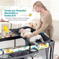 COSTWAY Culla Da Campeggio 5 In 1, Co-Sleeping AItezze Regolabili, Lettino Da Campeggio Con Fasciatoio, Box Bambini Pieghevole E Ingresso Laterale, Giocattolo Appeso, Ruote E Freni (Grigio) -Cameretta Per Bambini 77786611 4