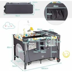COSTWAY Culla Da Campeggio 5 In 1, Co-Sleeping AItezze Regolabili, Lettino Da Campeggio Con Fasciatoio, Box Bambini Pieghevole E Ingresso Laterale, Giocattolo Appeso, Ruote E Freni (Grigio) -Cameretta Per Bambini 77786611 5