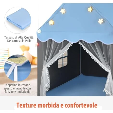 COSTWAY Tenda Da Gioco Per Bambini, Tenda Castello Con Tappetino Lavabile, Luci A Forma Di Stella, Per Interno Ed Esterno, 105 X 121 X 136 Cm (Azzurro) 5 COSTWAY Tenda Da Gioco Per Bambini, Tenda Castello Con Tappetino Lavabile, Luci A Forma Di Stella, Per Interno Ed Esterno, 105 X 121 X 136 Cm (Azzurro) - immagine 3