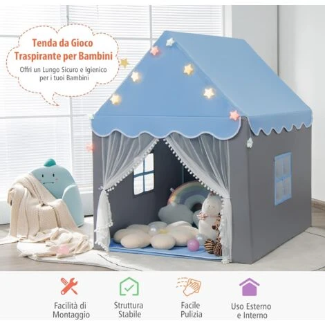 COSTWAY Tenda Da Gioco Per Bambini, Tenda Castello Con Tappetino Lavabile, Luci A Forma Di Stella, Per Interno Ed Esterno, 105 X 121 X 136 Cm (Azzurro) 7 COSTWAY Tenda Da Gioco Per Bambini, Tenda Castello Con Tappetino Lavabile, Luci A Forma Di Stella, Per Interno Ed Esterno, 105 X 121 X 136 Cm (Azzurro) - immagine 5