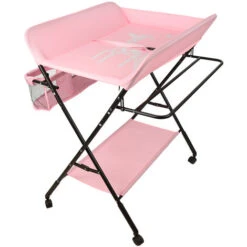Fasciatoio Pieghevole, Fasciatoio Con Cestello Portaoggetti, Avolo Cambio Pannolini Portatile，cintura Di Sicurezza E 4 Ruote Con Freno, Altezza Regolabile 806698 Cm (rosa)