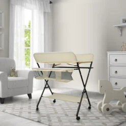 Fasciatoio Pieghevole, Fasciatoio Con Cestello Portaoggetti, Avolo Cambio Pannolini Portatile，cintura Di Sicurezza E 4 Ruote Con Freno, Altezza Regolabile 806698 Cm (colore Crema) -Cameretta Per Bambini 78201548 3