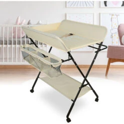Fasciatoio Pieghevole, Fasciatoio Con Cestello Portaoggetti, Avolo Cambio Pannolini Portatile，cintura Di Sicurezza E 4 Ruote Con Freno, Altezza Regolabile 806698 Cm (colore Crema) -Cameretta Per Bambini 78201548 4