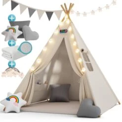 Spielwerk Tenda Da Gioco Per Bambini Teepee 120x120x160cm Incl. Catena Luci A LED Materassino Morbido Da 2,5cm 3 Cuscini In Varie Forme Cotone & Legno Con Custodia Per Trasporto Bianco