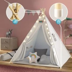 Spielwerk Tenda Da Gioco Per Bambini Teepee 120x120x160cm Incl. Catena Luci A LED Materassino Morbido Da 2,5cm 3 Cuscini In Varie Forme Cotone & Legno Con Custodia Per Trasporto Bianco 9 Spielwerk Tenda Da Gioco Per Bambini Teepee 120x120x160cm Incl. Catena Luci A LED Materassino Morbido Da 2,5cm 3 Cuscini In Varie Forme Cotone & Legno Con Custodia Per Trasporto Bianco -Cameretta Per Bambini 79019615 3
