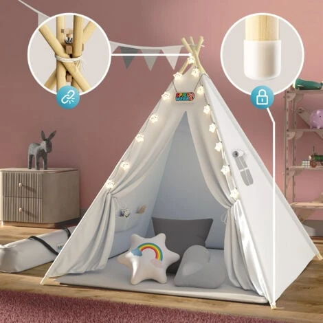 Spielwerk Tenda Da Gioco Per Bambini Teepee 120x120x160cm Incl. Catena Luci A LED Materassino Morbido Da 2,5cm 3 Cuscini In Varie Forme Cotone & Legno Con Custodia Per Trasporto Bianco 5 Spielwerk Tenda Da Gioco Per Bambini Teepee 120x120x160cm Incl. Catena Luci A LED Materassino Morbido Da 2,5cm 3 Cuscini In Varie Forme Cotone & Legno Con Custodia Per Trasporto Bianco - immagine 3