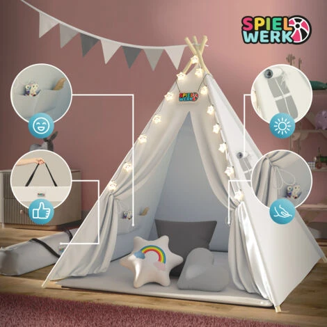 Spielwerk Tenda Da Gioco Per Bambini Teepee 120x120x160cm Incl. Catena Luci A LED Materassino Morbido Da 2,5cm 3 Cuscini In Varie Forme Cotone & Legno Con Custodia Per Trasporto Bianco 6 Spielwerk Tenda Da Gioco Per Bambini Teepee 120x120x160cm Incl. Catena Luci A LED Materassino Morbido Da 2,5cm 3 Cuscini In Varie Forme Cotone & Legno Con Custodia Per Trasporto Bianco - immagine 4