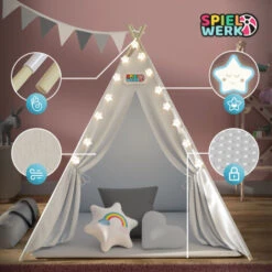 Spielwerk Tenda Da Gioco Per Bambini Teepee 120x120x160cm Incl. Catena Luci A LED Materassino Morbido Da 2,5cm 3 Cuscini In Varie Forme Cotone & Legno Con Custodia Per Trasporto Bianco 11 Spielwerk Tenda Da Gioco Per Bambini Teepee 120x120x160cm Incl. Catena Luci A LED Materassino Morbido Da 2,5cm 3 Cuscini In Varie Forme Cotone & Legno Con Custodia Per Trasporto Bianco -Cameretta Per Bambini 79019615 5