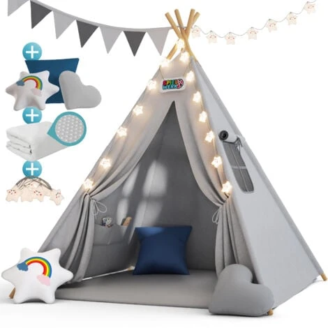 Spielwerk Tenda Da Gioco Per Bambini Teepee 120x120x160cm Incl. Catena Luci A LED Materassino Morbido Da 2,5cm 3 Cuscini In Varie Forme Cotone & Legno Con Custodia Per Trasporto Blu 3 Spielwerk Tenda Da Gioco Per Bambini Teepee 120x120x160cm Incl. Catena Luci A LED Materassino Morbido Da 2,5cm 3 Cuscini In Varie Forme Cotone & Legno Con Custodia Per Trasporto Blu